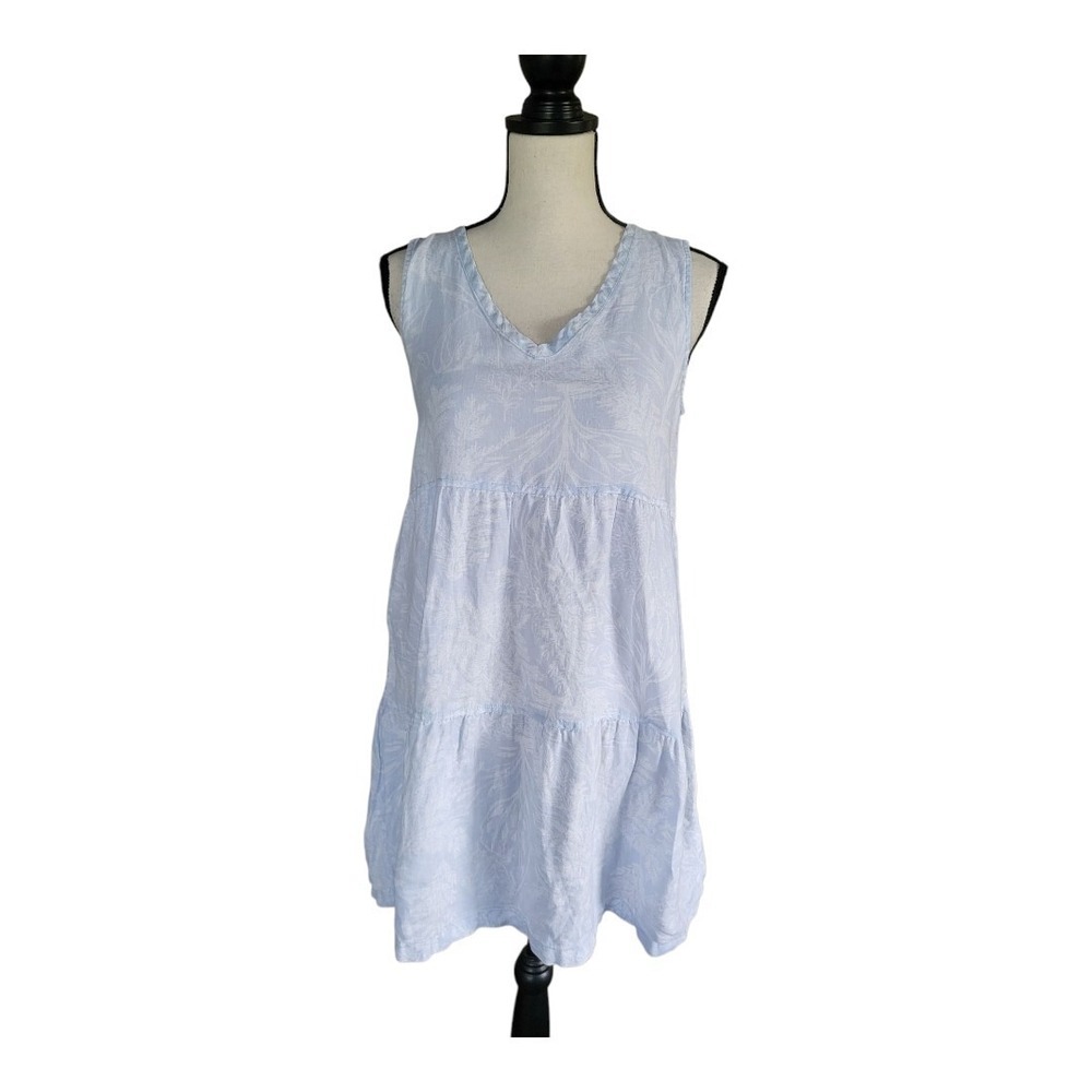 💕Tahari Tahari Lt Blue Linen Floral Print Sleeveless Tiered Mini Dress ‎  S